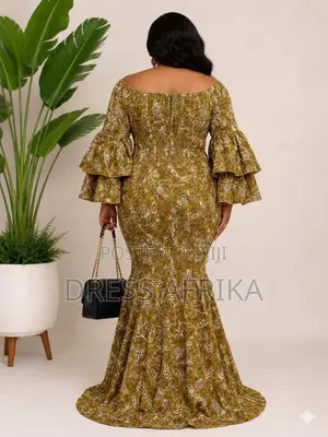Elegant Olive Green African Print Smocked Mermaid Dress
