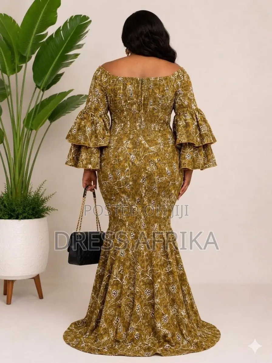 Elegant Olive Green African Print Smocked Mermaid Dress