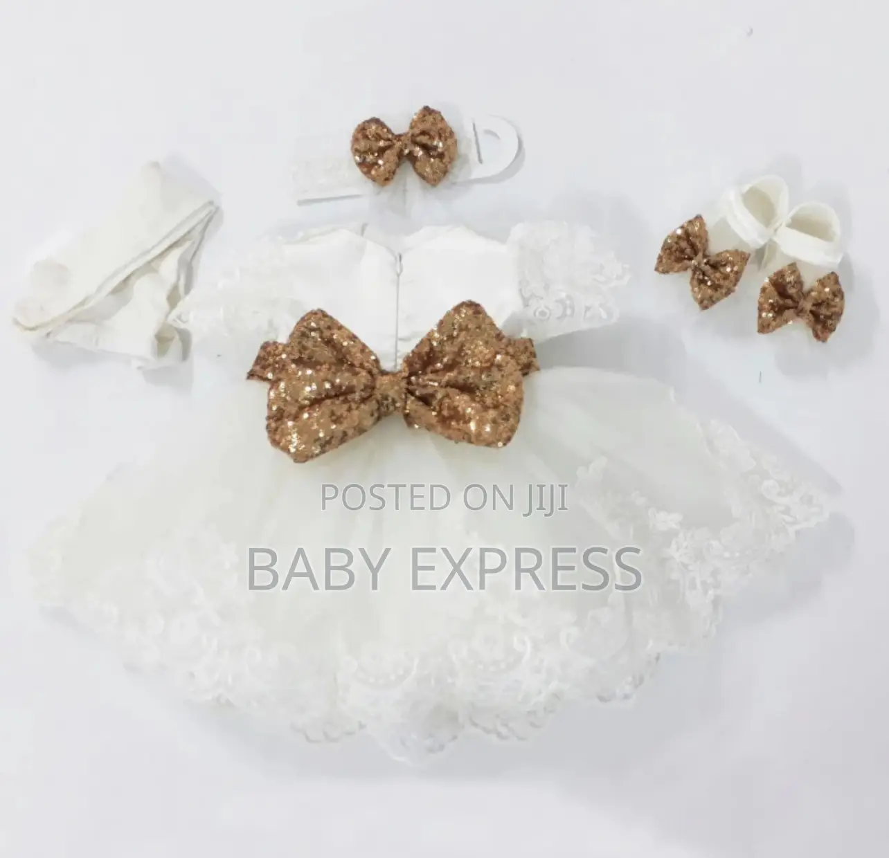 Baby Girl Christening Dress With Head Band and Shoe With Stockings