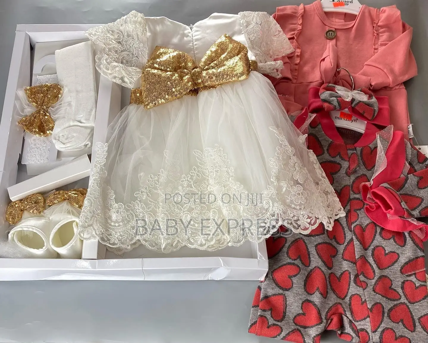 Baby Girl Christening Dress With Head Band and Shoe With Stockings