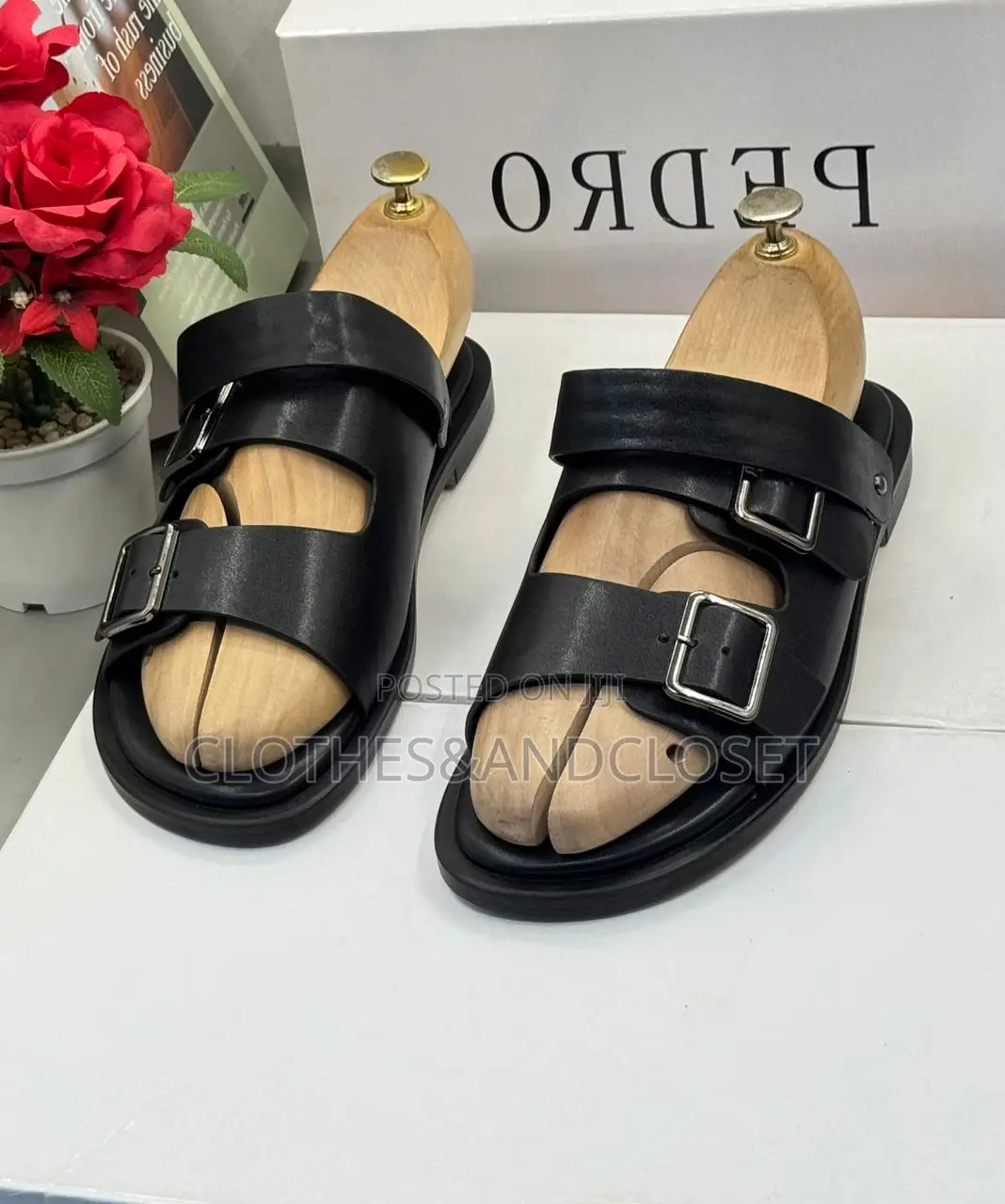 Brown Leather Pedro Brand Sandals Feature a Double Buckle Design
