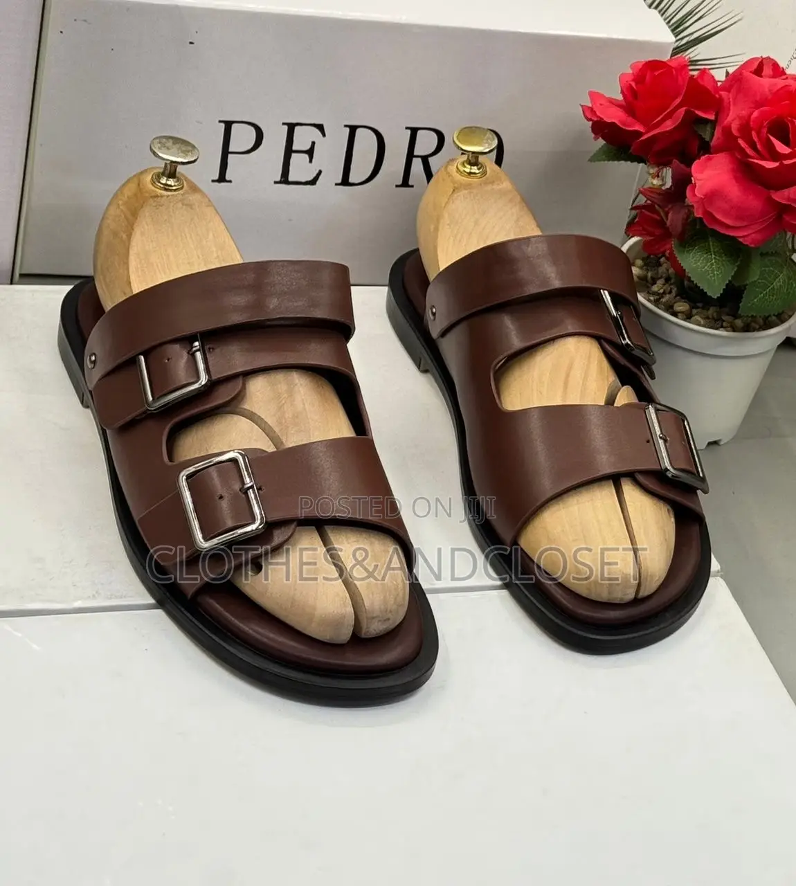 Brown Leather Pedro Brand Sandals Feature a Double Buckle Design