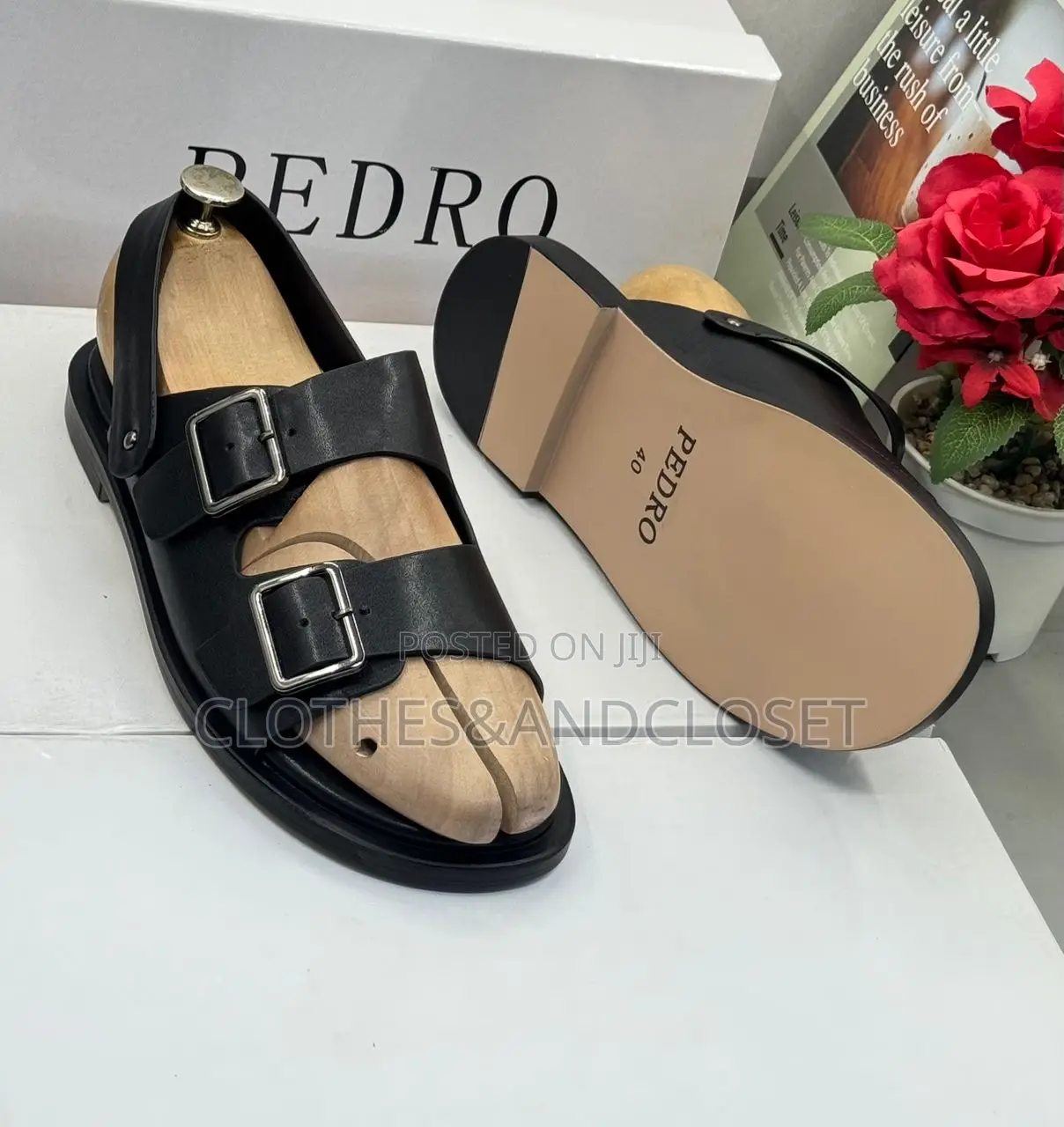 Brown Leather Pedro Brand Sandals Feature a Double Buckle Design