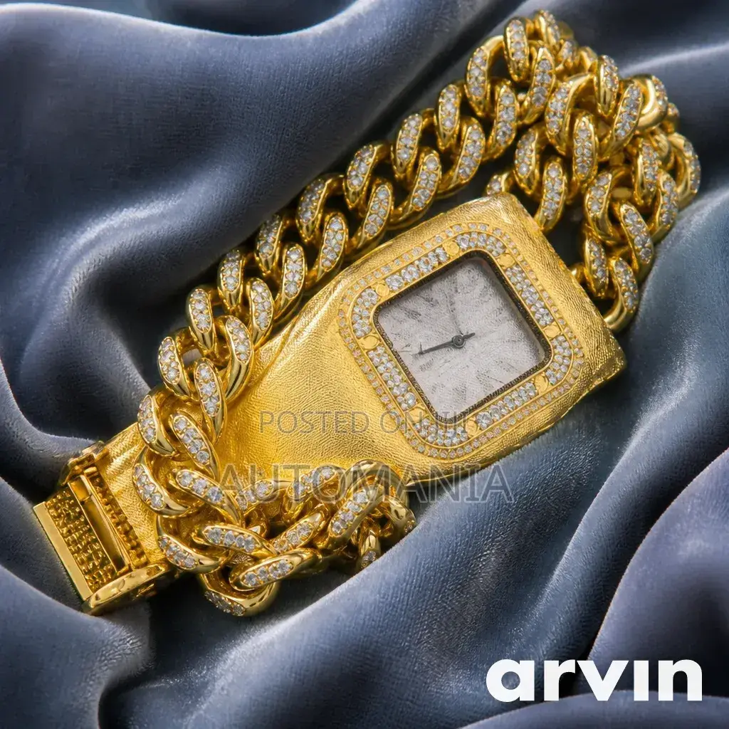 Men's Iced Out Gold Watch With Cuban Link Chain and Bracelet.