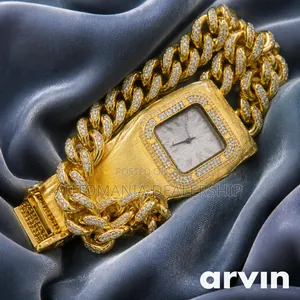 Men's Iced Out Gold Watch With Cuban Link Chain and Bracelet.