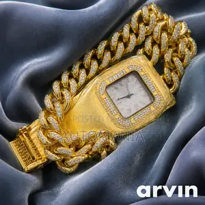 Men's Iced Out Gold Watch With Cuban Link Chain and Bracelet.