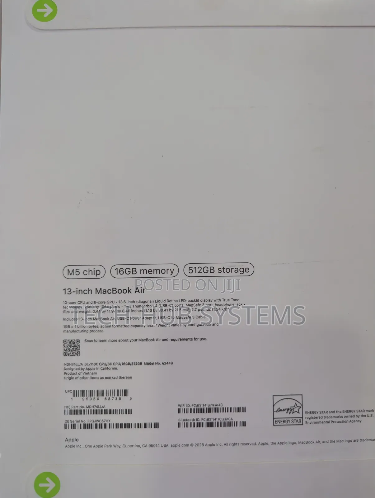 New Laptop Apple MacBook Air 2026 M5 16GB Apple M5 SSD 512GB