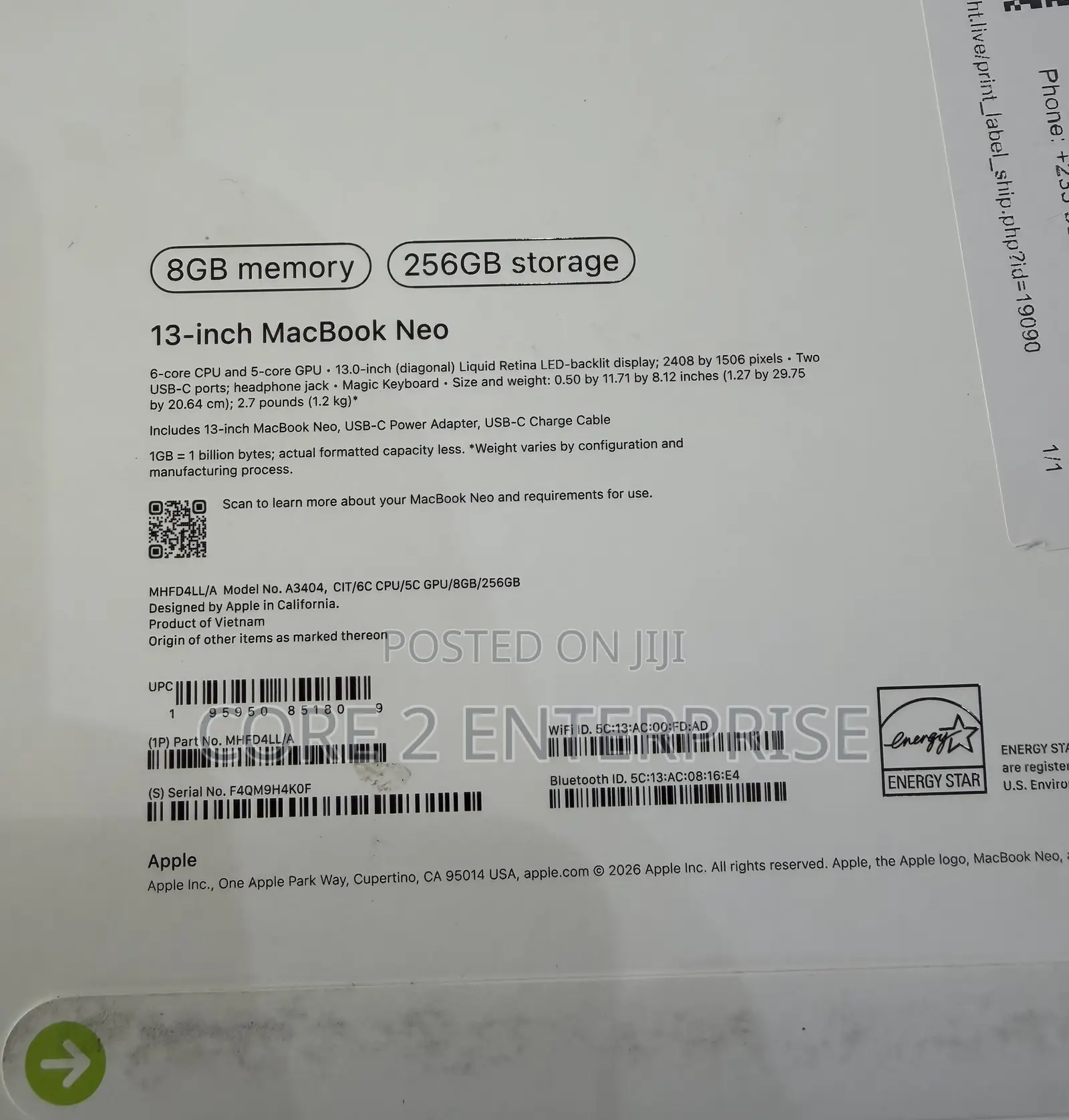 New Laptop Apple MacBook Neo 2026 8GB Apple M4 SSD 256GB