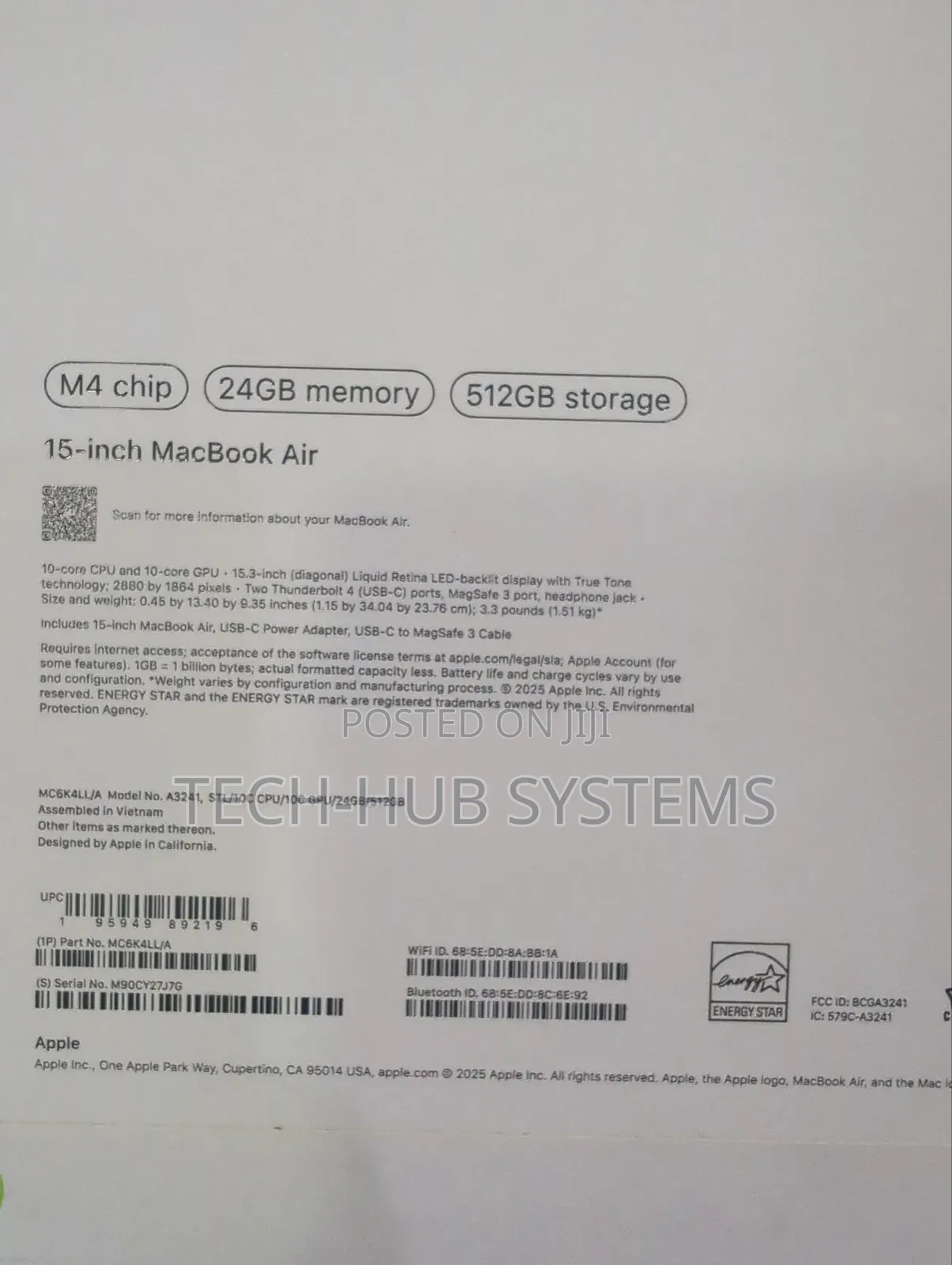 New Laptop Apple MacBook Air 2025 M4 24GB Apple M4 SSD 512GB