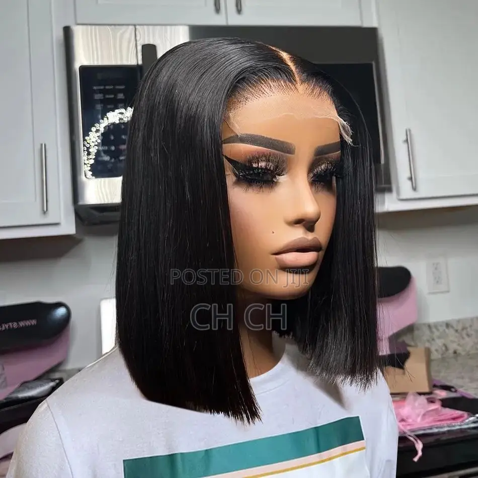 New 100% Human Hair Black 12 Inches Short Bob Wig With a 4by4 Closure