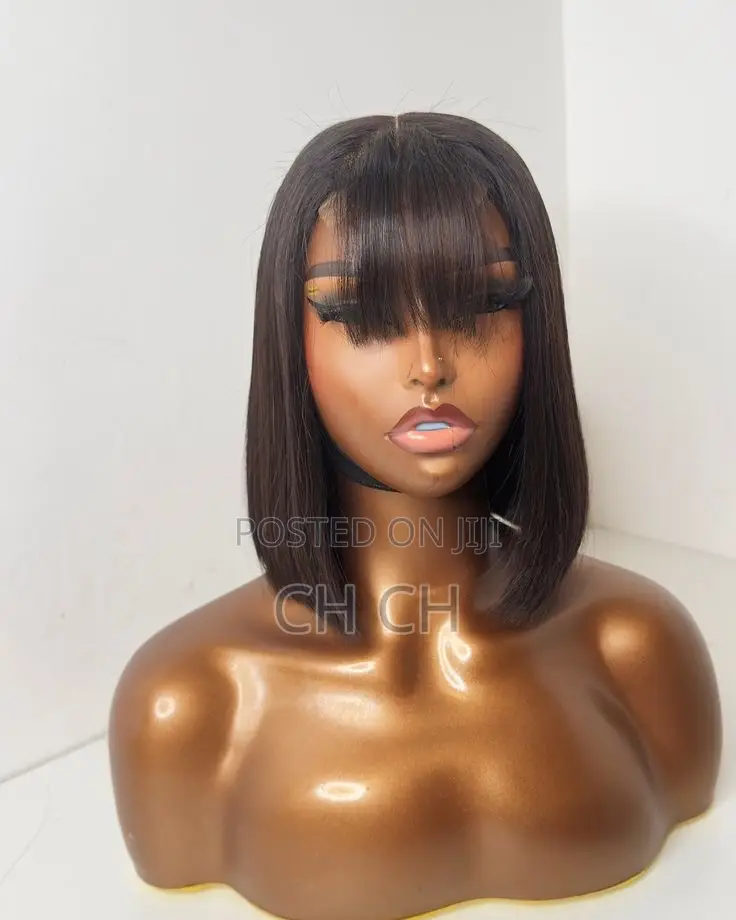 New Black 100% Human Hair 12 Inches Closure Bob Fringe Wig