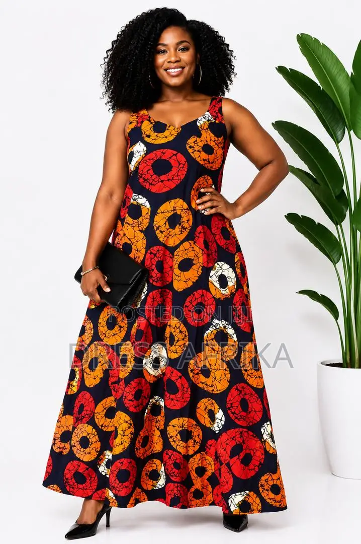 African Print Navy Orange Print Maxi Dress(With Split/Without Split)