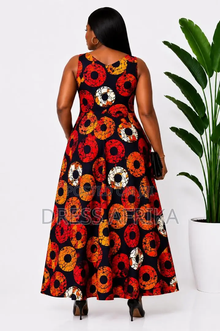 African Print Navy Orange Print Maxi Dress(With Split/Without Split)