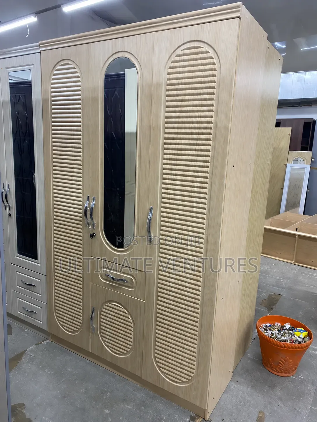 3-Door Light Oak Wardrobe With Mirror + Drawers