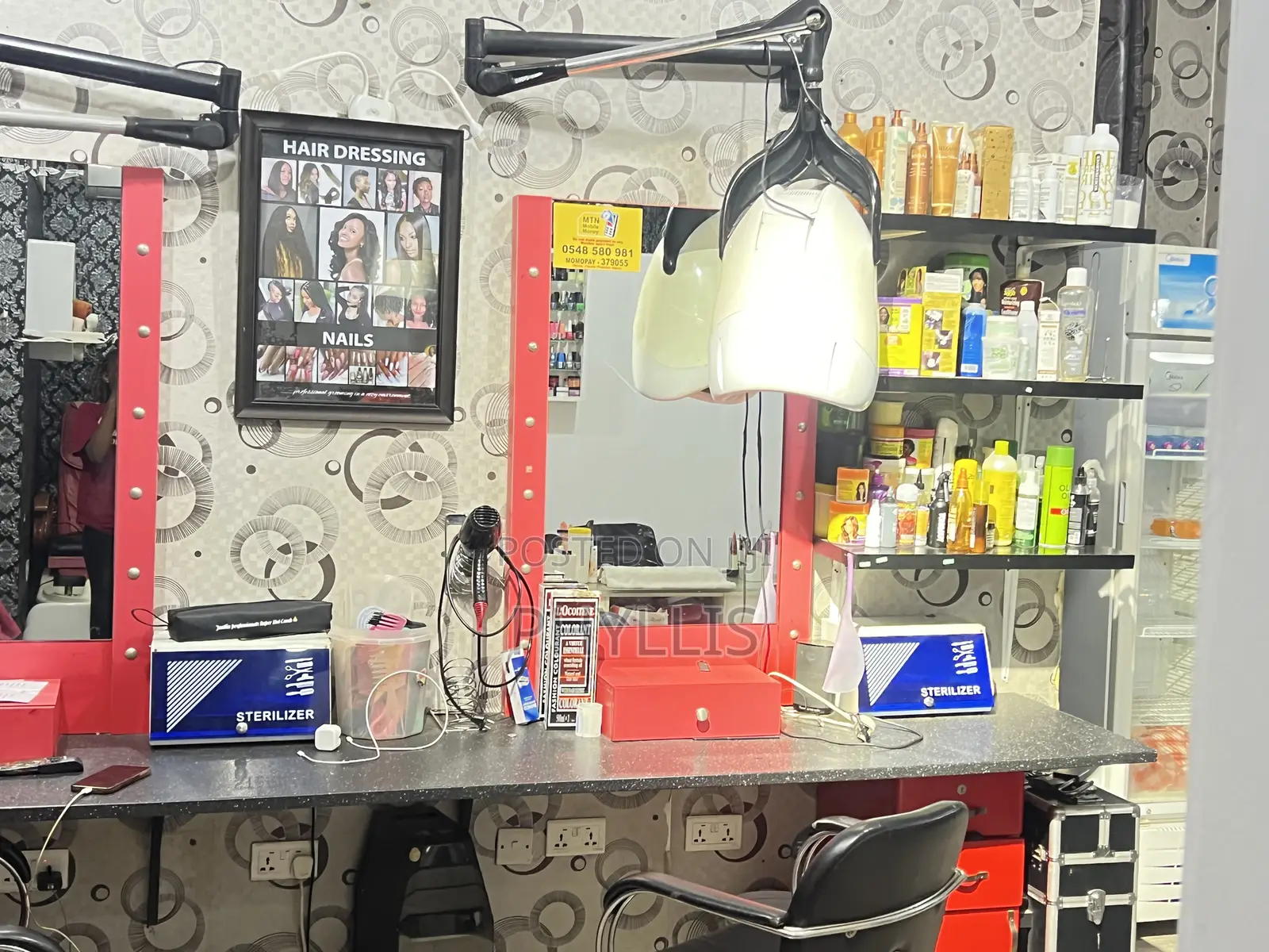 Mirrors, Wall Dryers, Shelves, Salon Chairs. Contact Me