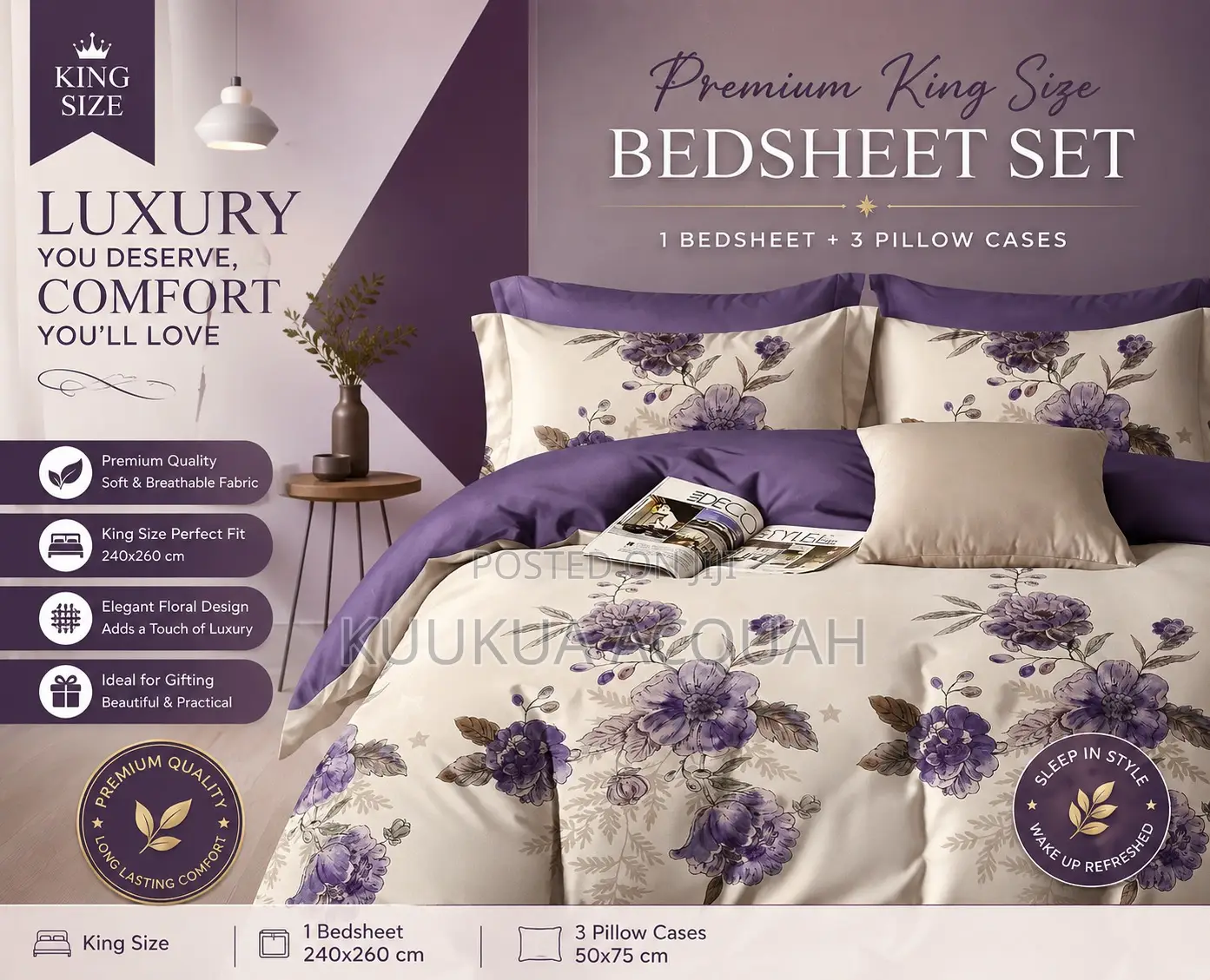 1 Kingsize Bedsheet 3 Pillow Cases