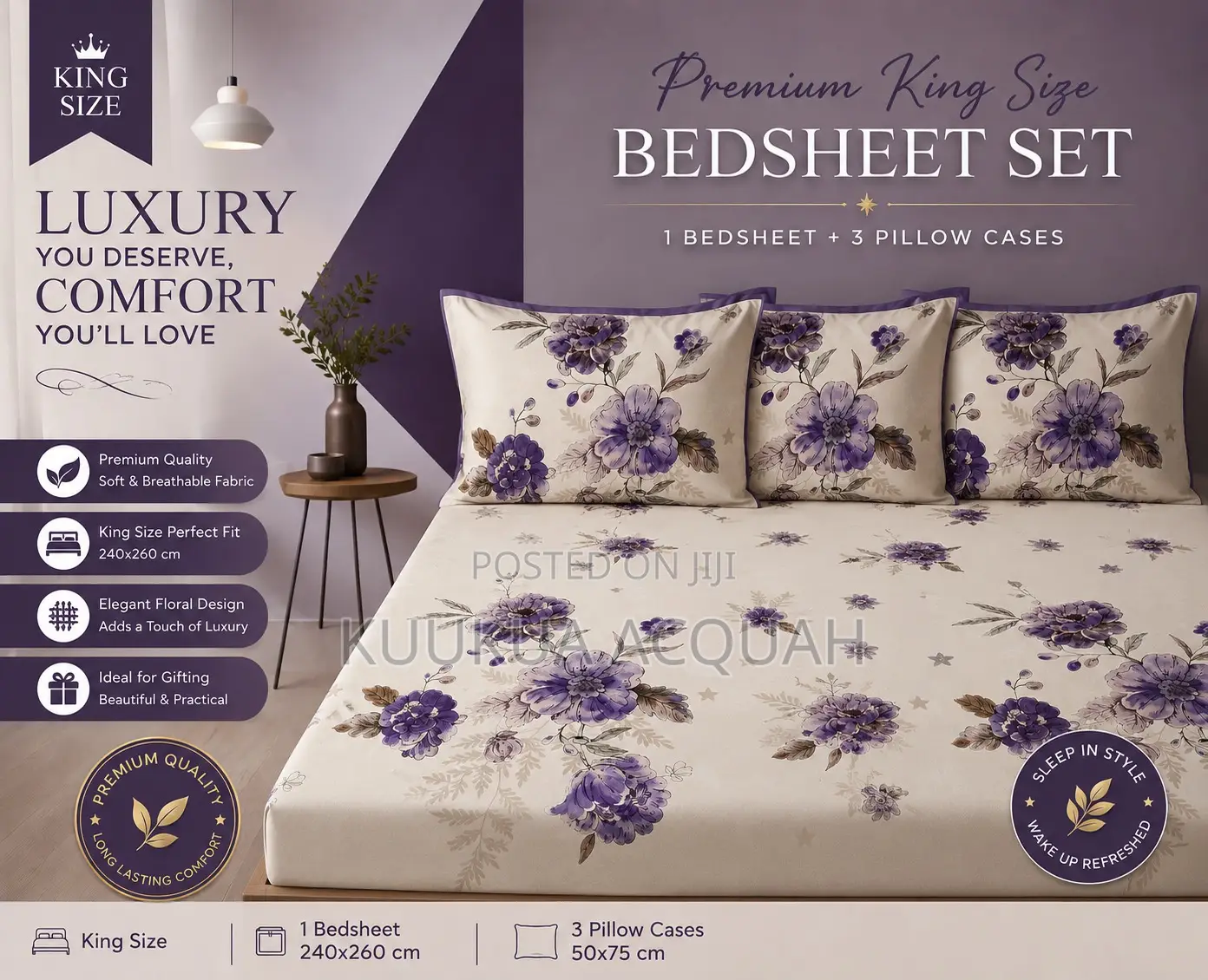 1 Kingsize Bedsheet 3 Pillow Cases