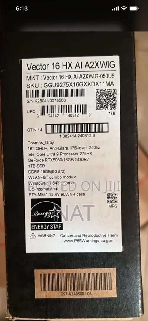 New Laptop MSI Vector 16 HX AI A2XWIG 16GB Intel Core Ultra 9 SSD 1T