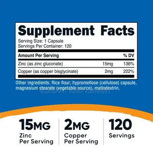 Zinc + Copper Capsules (120 Count) - 15mg Zinc + 2mg Copper Per Servin