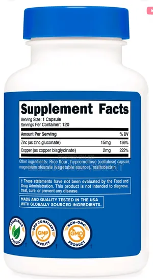 Zinc + Copper Capsules (120 Count) - 15mg Zinc + 2mg Copper Per Servin