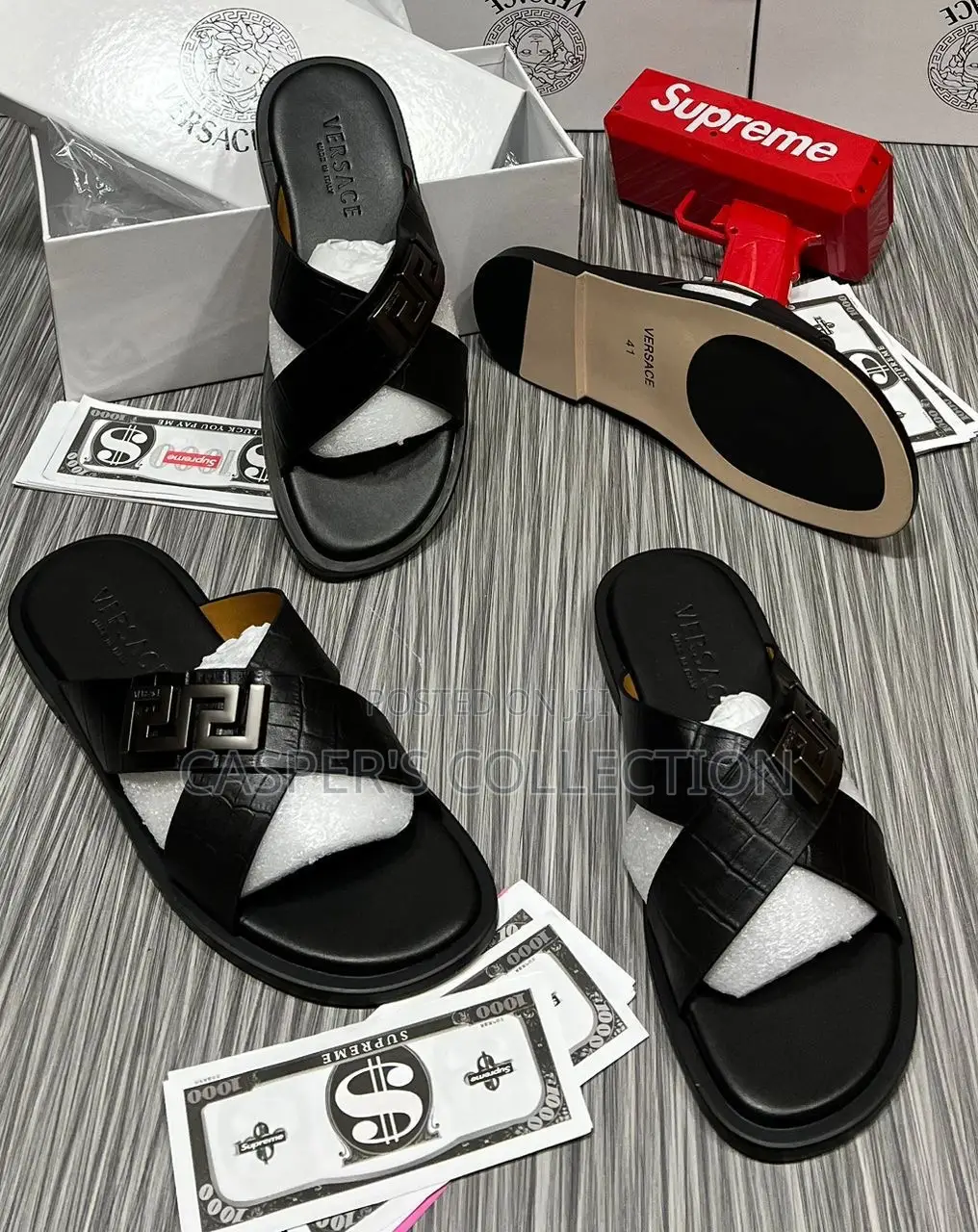 Versace Leather Cross-Strap Slide Sandals