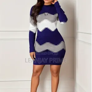 Elegant Long-Sleeve Bodycon Dress – Blue/Grey/White