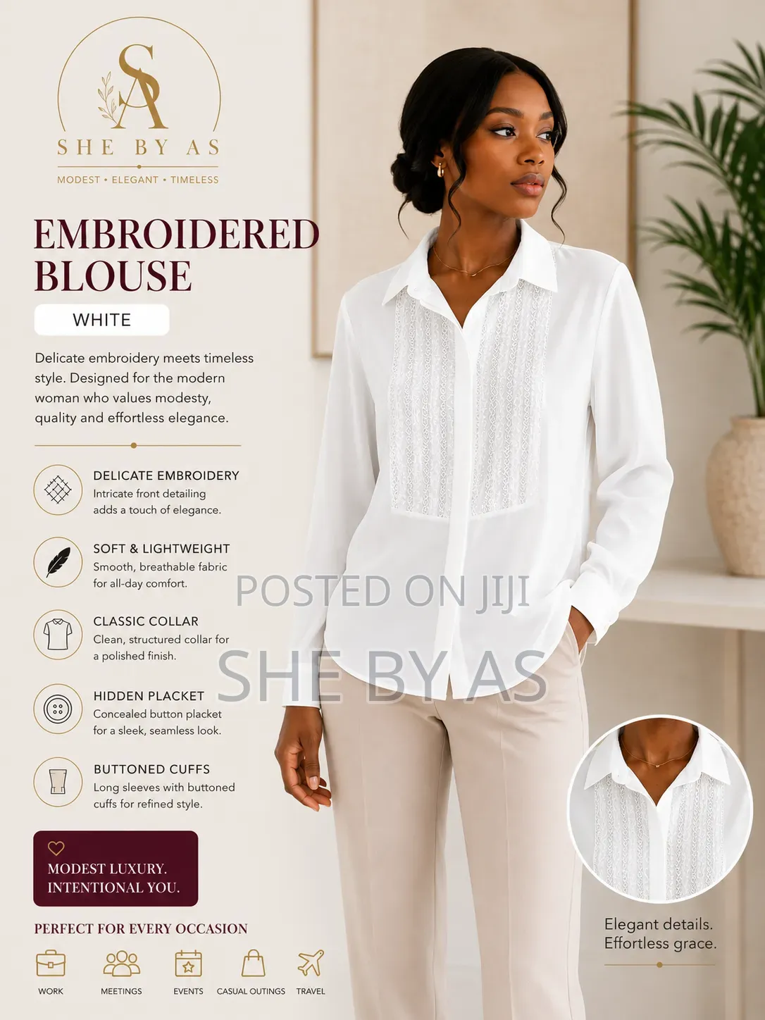 She by as - Classic White Embroidered Blouse