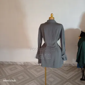 Chic Slate Grey Button-Down Shirt Dress With Pleated Waist