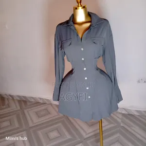 Chic Slate Grey Button-Down Shirt Dress With Pleated Waist