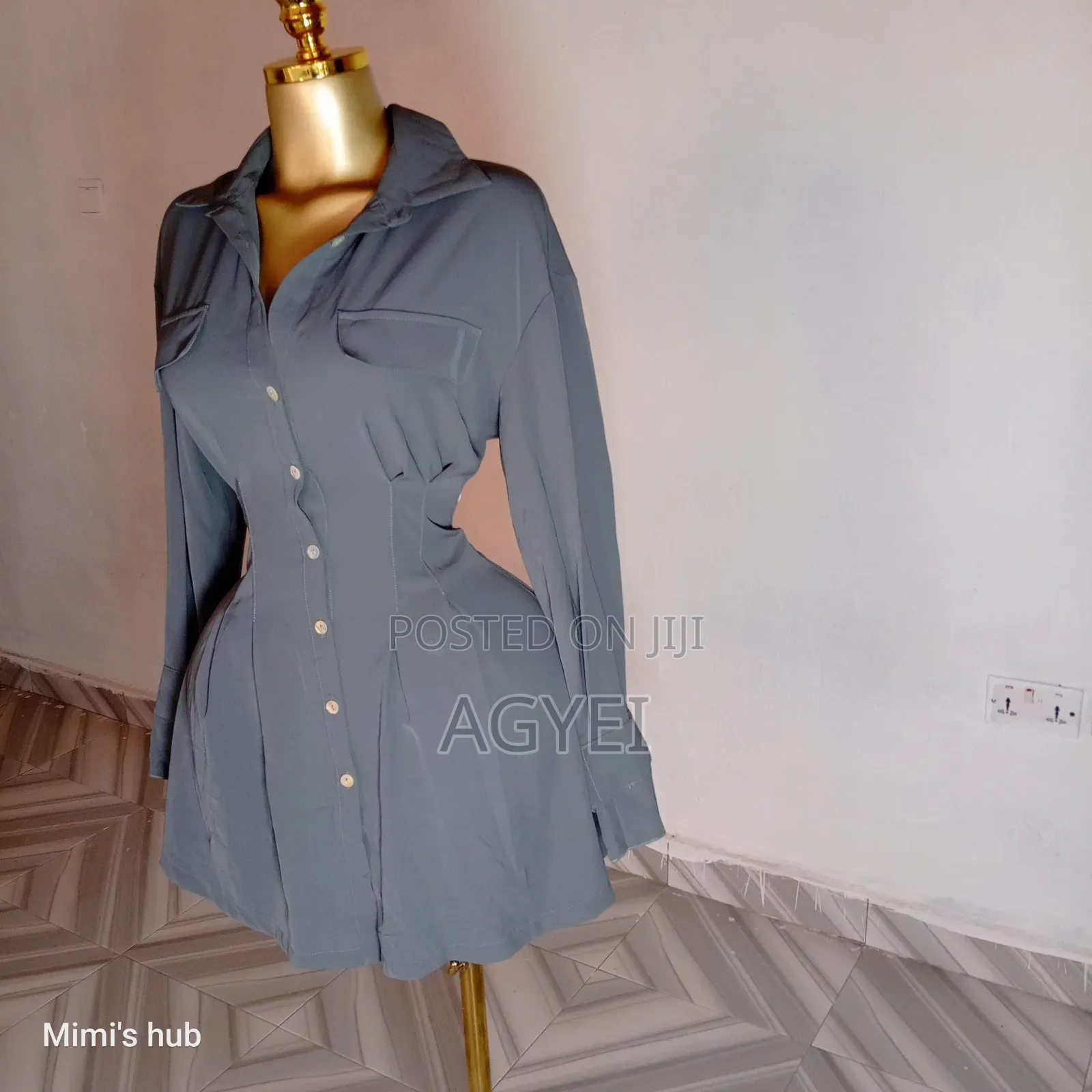Chic Slate Grey Button-Down Shirt Dress With Pleated Waist