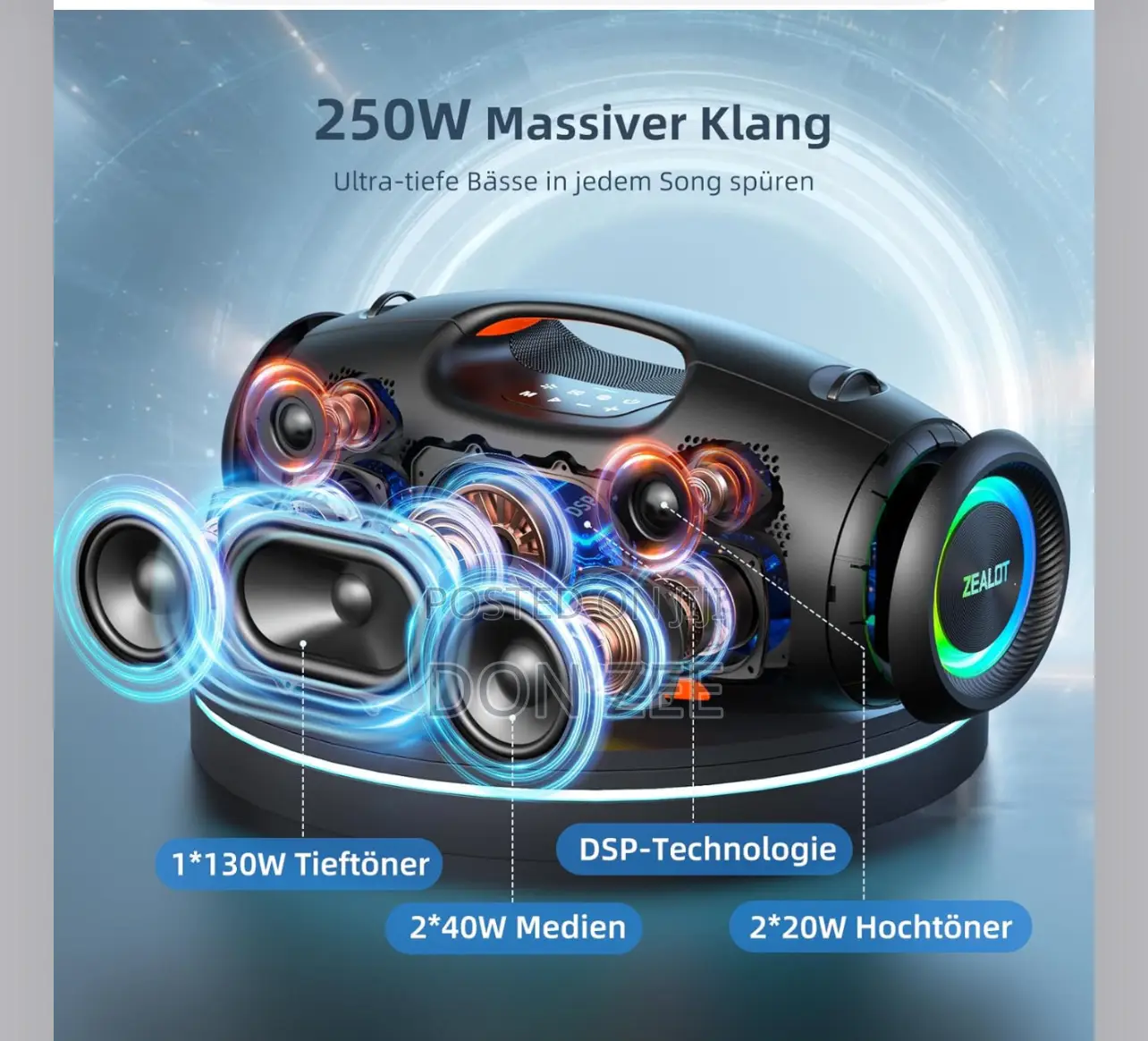 Zealot S89 Bluetooth Speaker 250 W With Solid Bass RGB Lights 48000 Ma