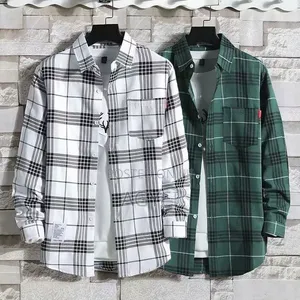 Men’S 2-Piece Long Sleeve Plaid Shirts – White Green