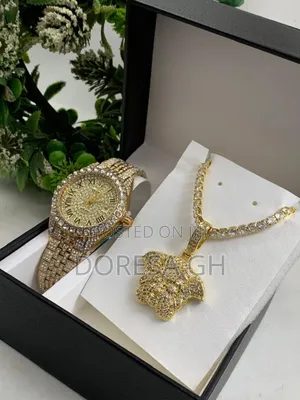 Iced Watch Necklace With Pendant Set for Men – Gift Set