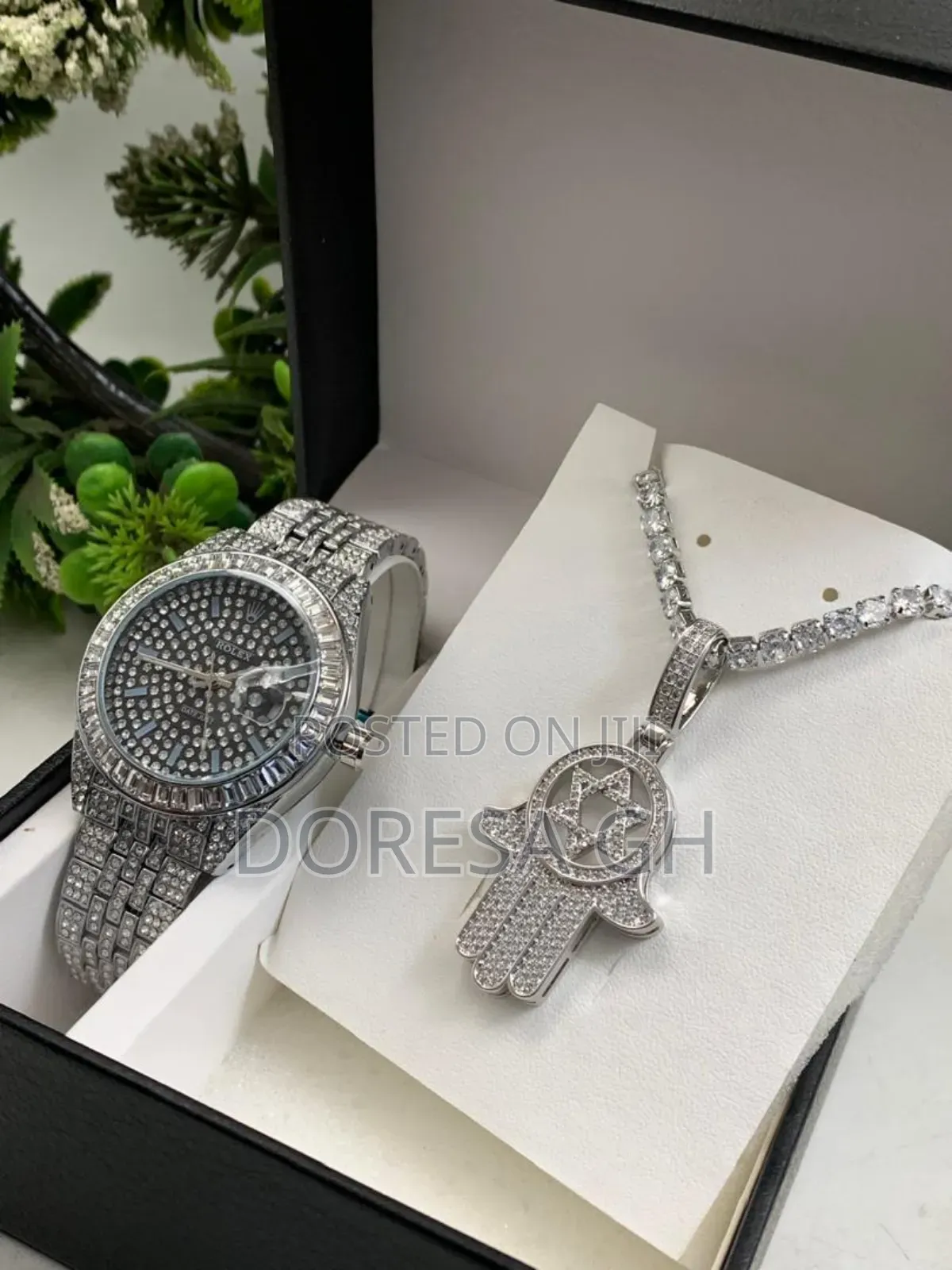 Iced Watch Necklace With Pendant Set for Men – Gift Set