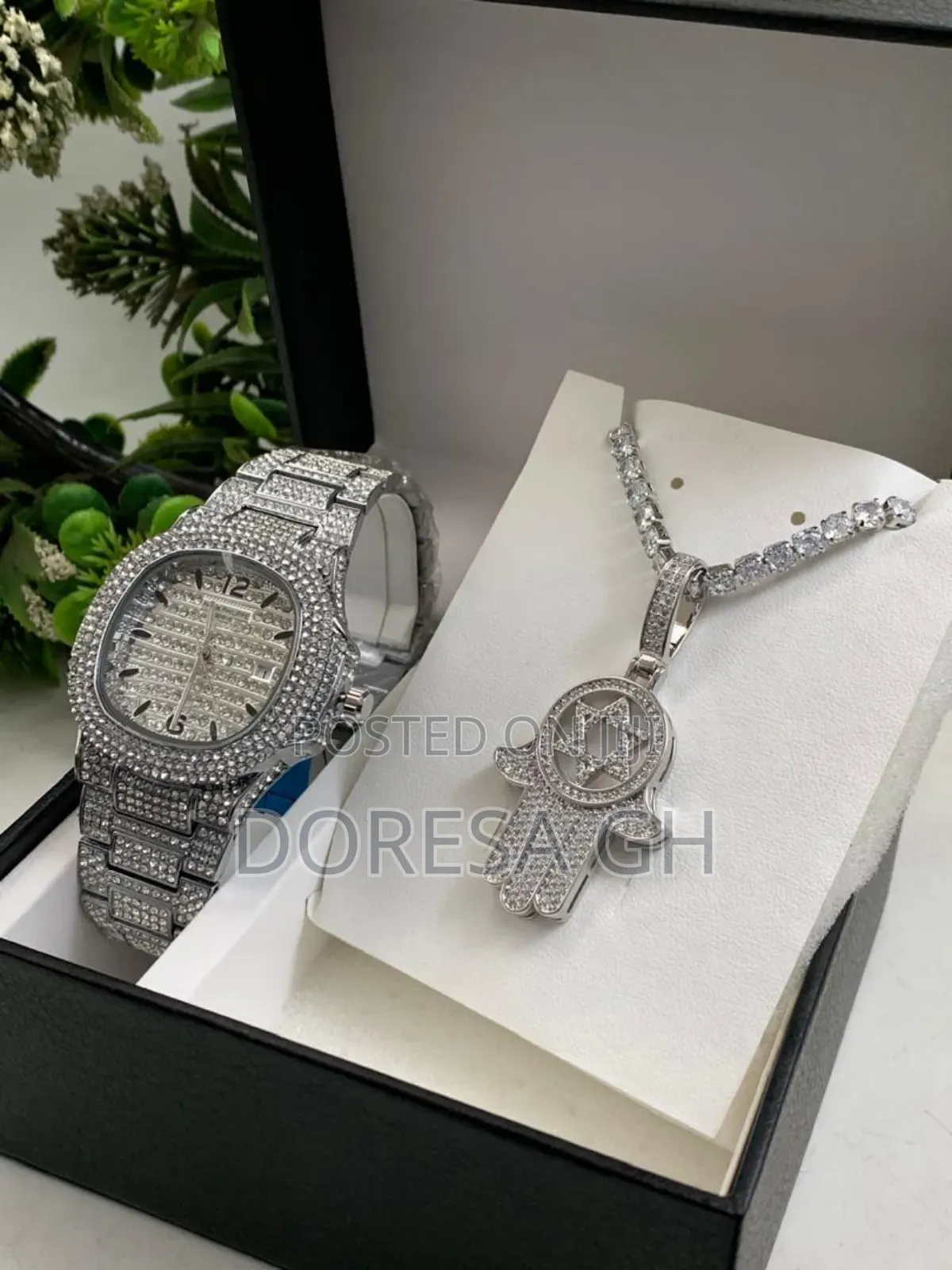 Iced Watch Necklace With Pendant Set for Men – Gift Set