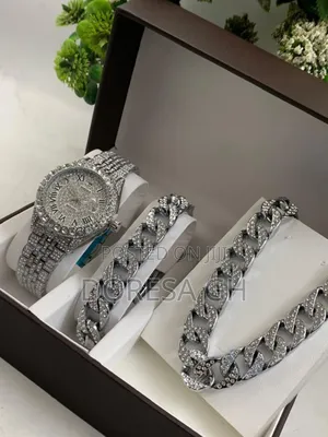 Iced Watch With Matching Iced Bracelet Necklace – Men's Gift Set