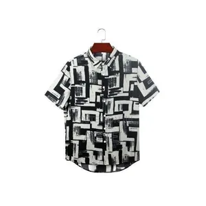 Men’S Printed Short Sleeve Shirt – Black White Abstract Design