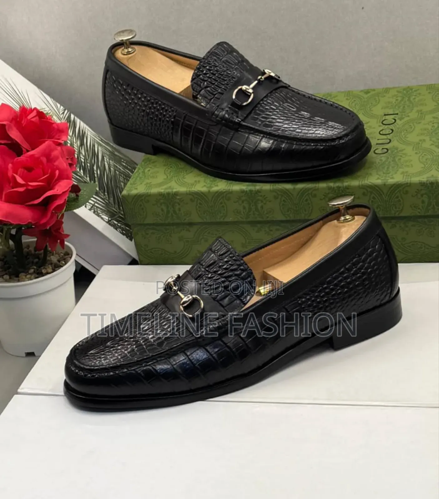 Black Croc Leather Gucci Men's Penny Loafers Shoes