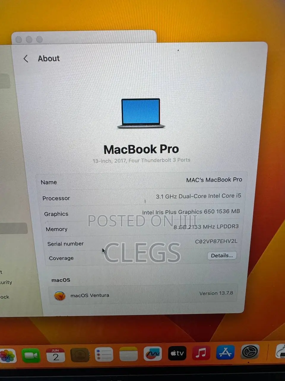 Laptop Apple MacBook Pro 2017 8GB Intel Core i5 SSD 256GB