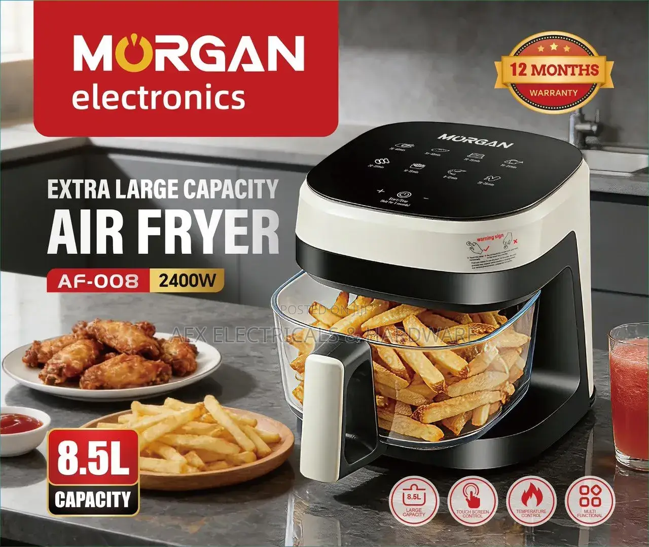 Morgan 8.5l Air Fryer Af-008 2400w Glass Basket - Brand New