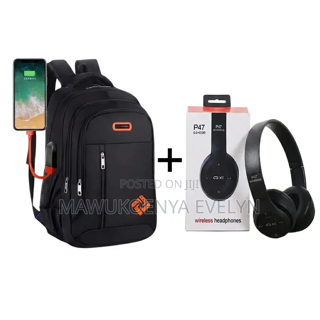 Laptop Backpack With Usb Port Black Plus Free P47 Bluetooth Headset