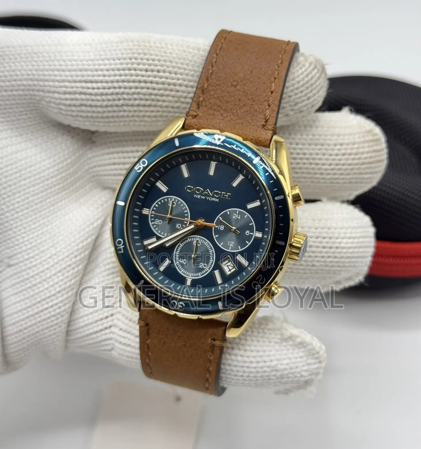 Coach Preston Chronograph Gold-Tone Navy Blue Dial Brown Leather Strap