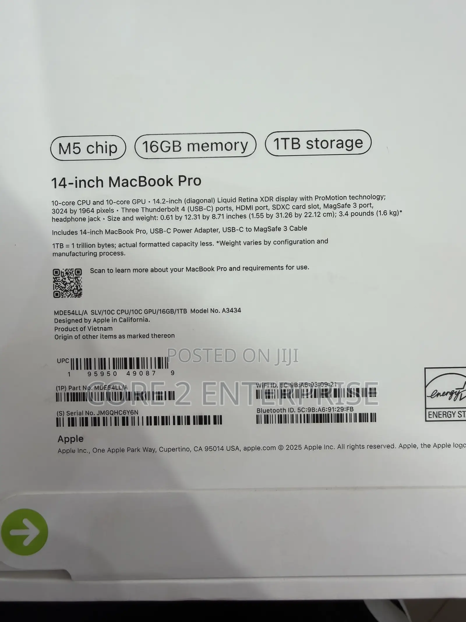 New Laptop Apple MacBook Pro 2025 M5 16GB Apple M5 SSD 1T