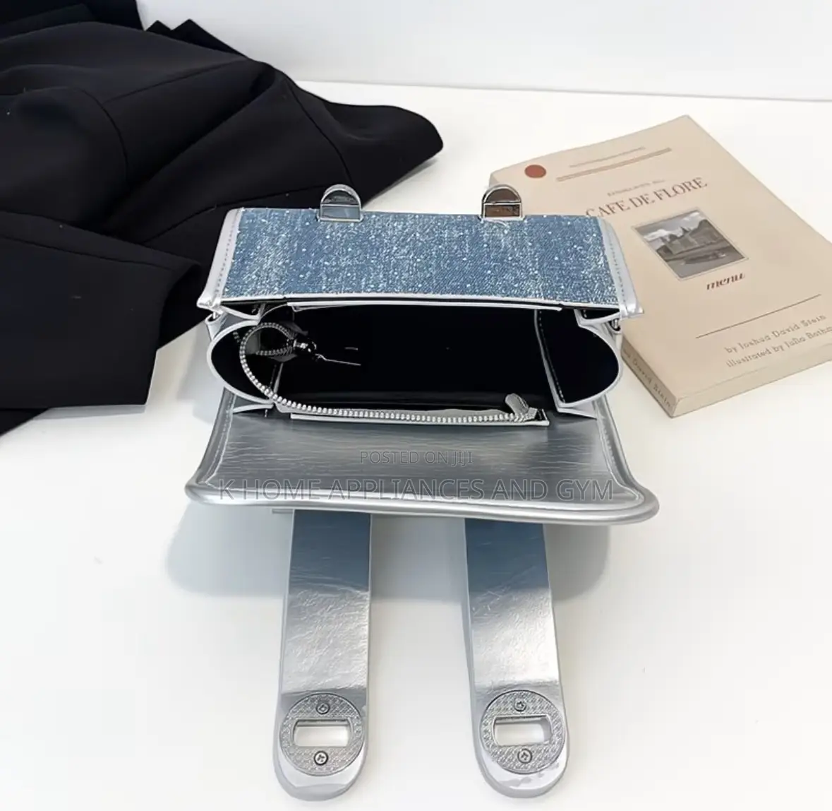 Mini Denim Shoulder Bag With Pearl + Lace Charm - Crossbody/Top Handle