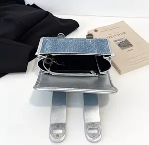 Mini Denim Shoulder Bag With Pearl + Lace Charm - Crossbody/Top Handle