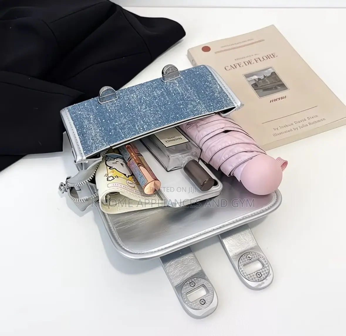 Mini Denim Shoulder Bag With Pearl + Lace Charm - Crossbody/Top Handle