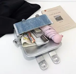 Mini Denim Shoulder Bag With Pearl + Lace Charm - Crossbody/Top Handle