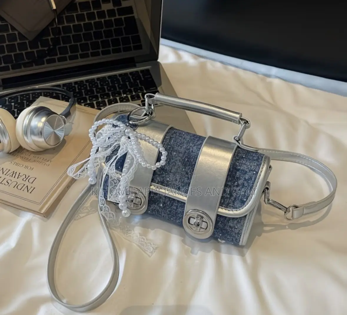 Mini Denim Shoulder Bag With Pearl + Lace Charm - Crossbody/Top Handle