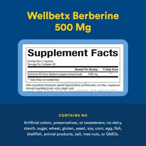 Wellbetx Berberine 500mg Per Capsule, Blood Sugar Balance 120 Veg Caps