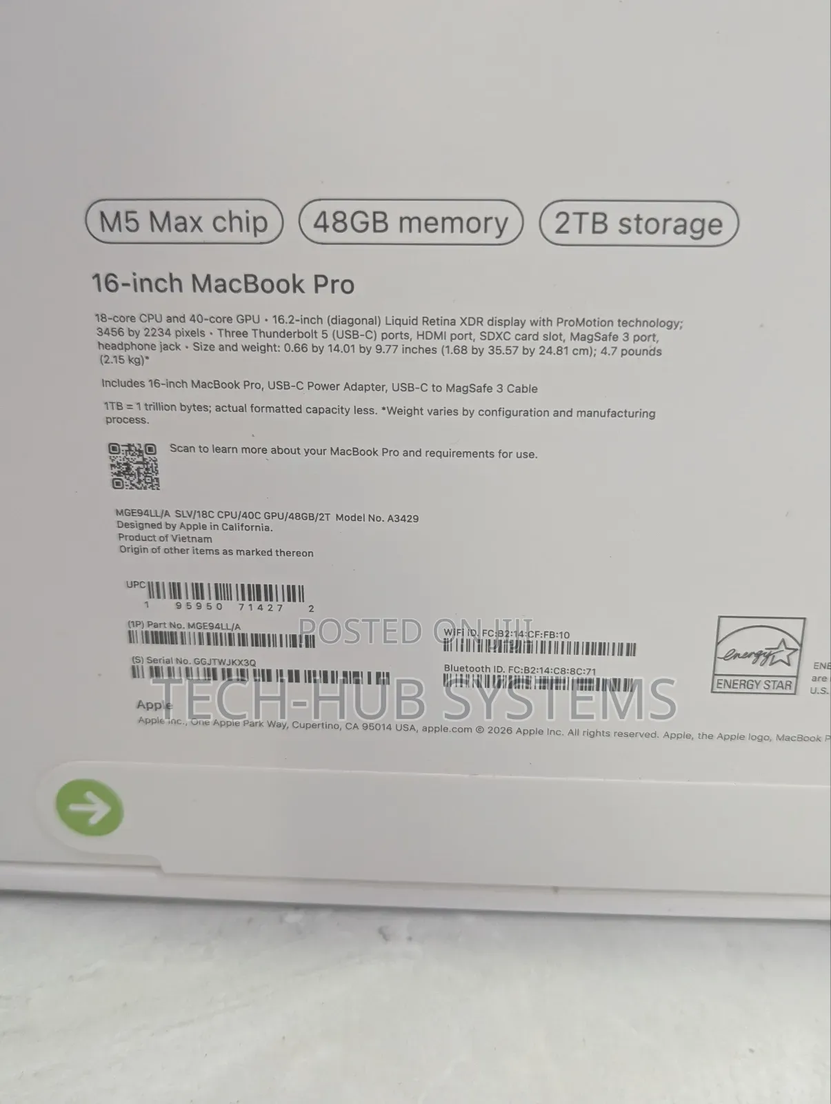 New Laptop Apple MacBook Pro 2026 M5 Max 48GB Apple M5 Max SSD 2T